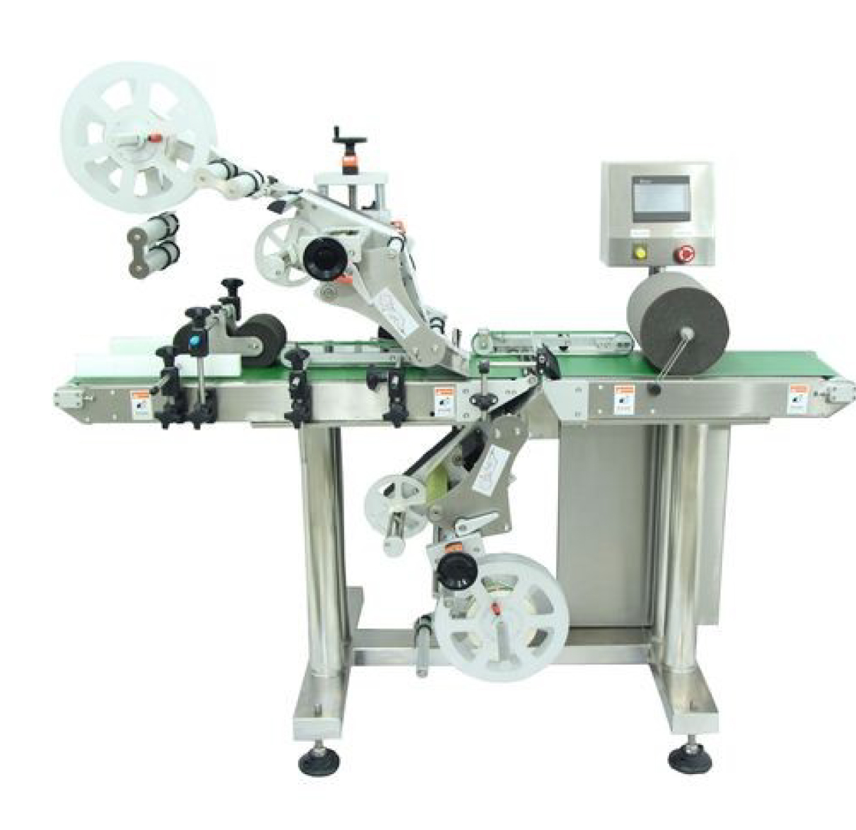 INPHIC LTB-350 MBF020104A 上下貼自動貼標機實機圖，展示上下平面同時貼標功能