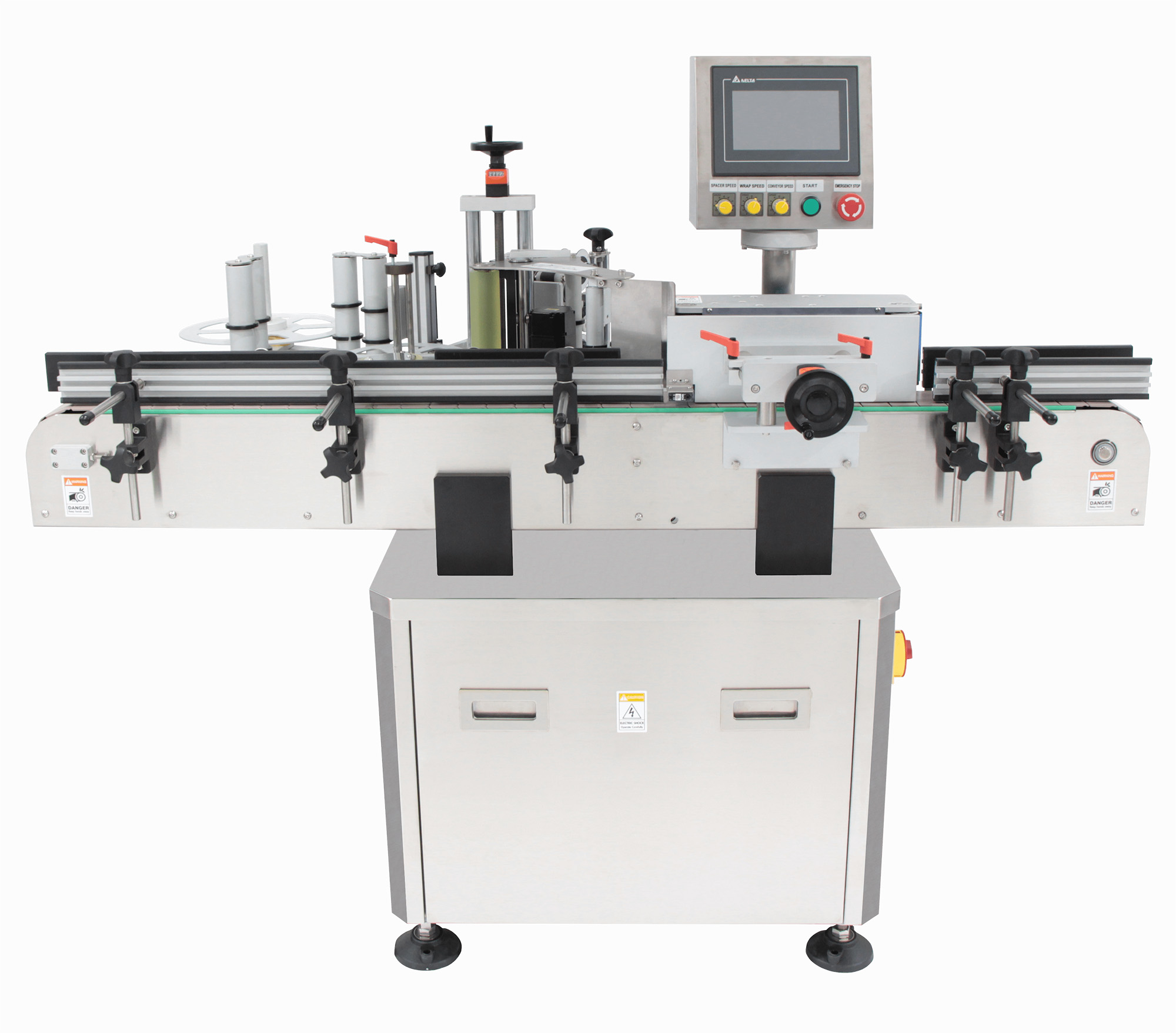 INPHIC MBF021104A 高速圓瓶自動貼標機實機圖，展示伺服馬達與自動分瓶機構